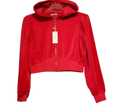 Red Velour Crop Jacket NEW NWT Juniors Large Reflex Attached Hood Full-Zip - Image 1 of 4