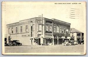Red Cross Drug Store Gurdon Arkansas AR Street View Gas Station c1930 Postcard - Picture 1 of 2