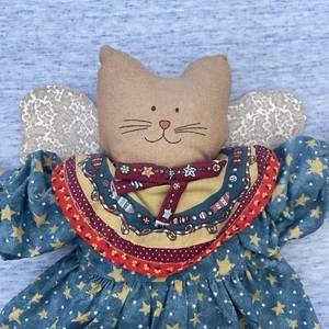 Vintage Primitive Cat Kitten Kitty Doll Angel Wings Fish & Stars Dress ❤️blt11j - Picture 1 of 11