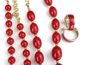DOS Collares Monet Rojo Ovalado y Cuentas Redondas Tono Dorado Espaciadores, Aretes Monet - Imagen 1 de 6