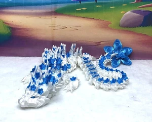 3D Printed Dragon, Articulated White and Blue Cherry Blossom Dragon, Fidget Toy - Picture 1 of 12