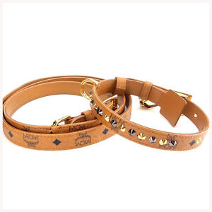 Mcm Dog collar lead set Brown Woman Authentic Used Y264