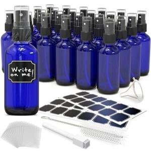 Nevlers 24 Pack Blue 4 Oz Spray Glass Bottle Set With Funnel, Brush, & Labels - Picture 1 of 9