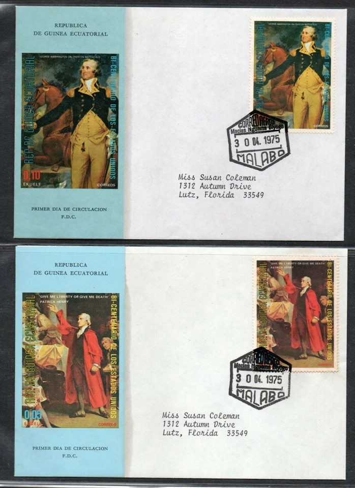EQUATORIAL GUINEA 1975 2 DIFF FDC AMERICAN BICENTENNIAL ART WASHINGTON HENRY - Image 1 of 1
