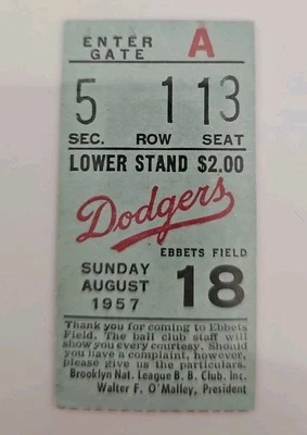 票根布鲁克林道奇队对匹兹堡海盗队 1957 年 8 月 18 日 Ebbetts Field — 第 1/4 张图片