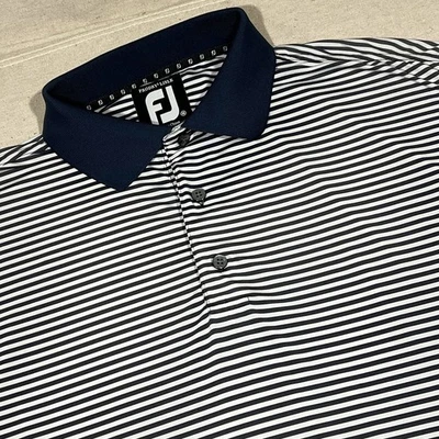 FootJoy Prodry Lisle Mens Medium White & Navy Blue Striped Polo Golf Performance - Image 1 of 4