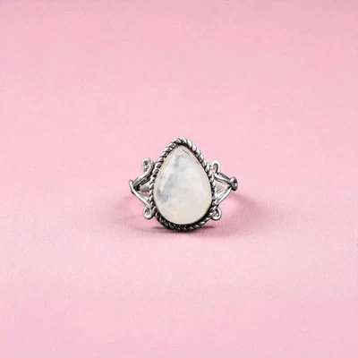 Natural Rainbow Moonstone Sterling Silver Bezel Statement Mother Ring Size 6 - Image 1 of 4