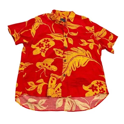 Vintage Jams World Psychedelic Red Yellow Floral Hawaiian Men's Shirt Large 90s - Image 1 of 4
