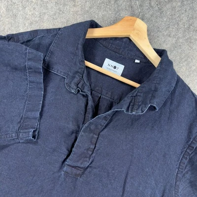 NN07 No Nationality Shirt Mens Large Navy Linen Brad SS Popover Short Sleeve - Image 1 of 4