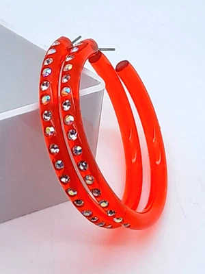 1.75INCH THIN CLEAR RED PLASTIC HOOP WITH CLEAR & AB RHINESTONE FASHION EARRINGS - Image 1 of 4