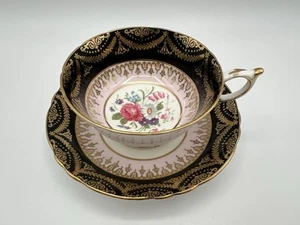 Paragon Double Warrant Black Pink & Gold Floral Teacup & Saucer Vintage RARE - Picture 1 of 12
