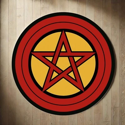 Pentagram Round Rug, Witchy Decor Mat, Red Yellow Carpet, Symbol Floor Rug - Image 1 of 4