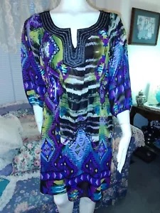One World Sheer Teal & Purple Multicolor Print Dress Boho V Neck ¾ Sleeve Medium - Picture 1 of 18