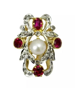 1.58ct Rose Cut Diamond 925 Silver Ruby Pearl Anniversary Wedding Cocktail Ring - Picture 1 of 8
