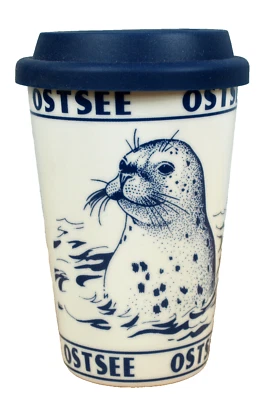Coffee to go Becher Seehund Ostsee 350ml Porzellan maritim Silikondeckel - Bild 1 von 4