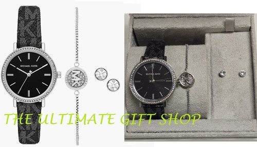 OROLOGIO MICHAEL KORS ARGENTO LOGO NERO METALLIZZATO PVC CRISTALLI ORECCHINO BRACCIALE