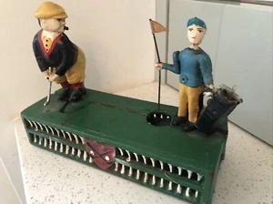 Vintage Cast Iron Golfers BIRDIE PUTT Coin Money Piggy Bank Golf Mechanical - Picture 1 of 11