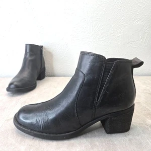 Born Ankle Boots Sz 7 Black Leather Minimalist Western Comfort Block Heel Bootie - Picture 1 of 13