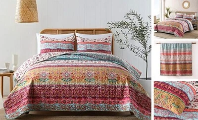 Boho Style Queen Quilt Set Reversible Bohemian Floral Full/Queen Mustard Floral - Image 1 of 4