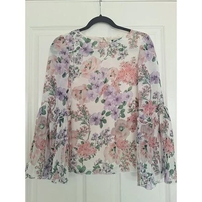 MASSIMO DUTTI Floral Blouse Bell Sleeve Shirt Ruffle Top White Pink Purple Sz 2 - Image 1 of 4