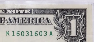 $1 Bill 2021 Fancy Serial Number QUAD Repeater 1603 - K 16031603 C - Picture 1 of 3