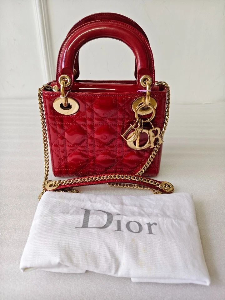 Dior Lady Dior Red Gold Hardware Patent Leather Handbag Chain Crossbody Bag - Image 1 of 4