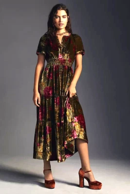 Anthropologie Somerset Maxi Velvet Dress Long Tiered Green Floral Size XSP NEW - Image 1 of 4