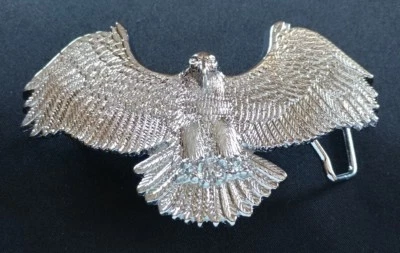 EAGLE SWOOPING STRIKE SPREAD WINGS CHROME PLATED SOLID BRASS BELT BUCKLE 1980 - Image 1 of 4