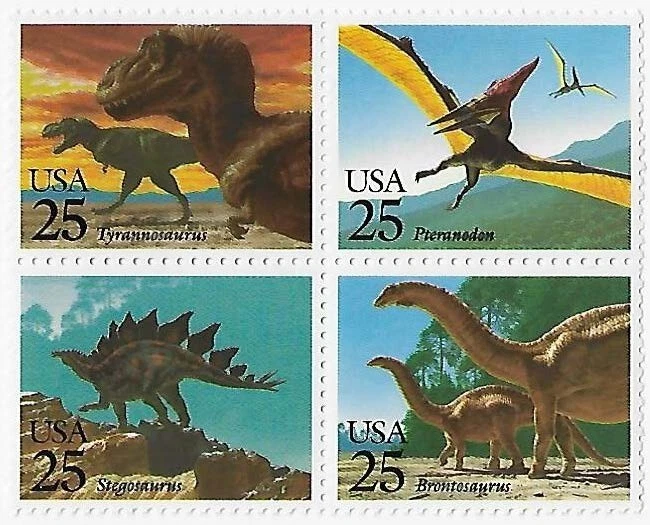 US Dinosaurs Prehistoric Animals 25c Stamp Block of 4 Scott #2422-2425 - Image 1 of 1
