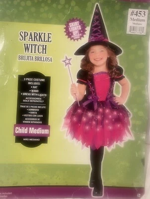 Fantasia de Bruxa Brilhante para Meninas (vestido e chapéu) | Tamanho Médio (8-10), Preto/Rosa - Imagem 1 de 2