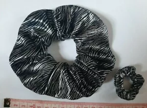 Quality Handmade Hair Scrunchie+Teenie Black with Silver Sketch Lines Metallic - Picture 1 of 1