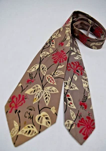Neck Tie VTG Countess Mara 40s Whimsical Floral w Bees Champagne Tie 51.5" x 4" - Picture 1 of 9