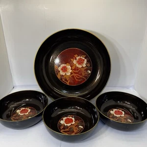 Vintage Japanisches Lackgeschirr Aercing Schüssel Set Traditionell Floral Schwarz Gold - Bild 1 von 7