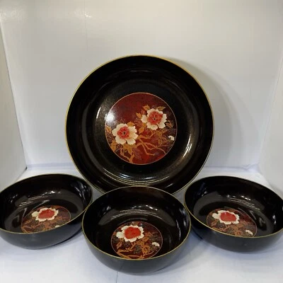 Juego de cuencos de laca japonesa vintage tradicional floral negro dorado Foto 1 de 4