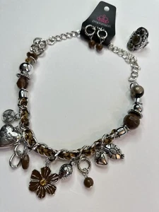 Jewelry Set Paparazzi Necklace Entwined With Ribbon Earrings Ring Silver Brown - Picture 1 of 20