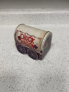 Vintage Chuck Wagon TIN CONTAINER Metal Advertising Wheels Roll 4 1/2"Tall - Picture 1 of 8