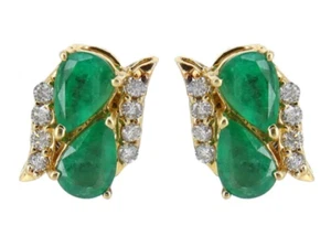 0.48ct Natural Round Diamond 14K BIS Hallmarked Yellow Gold Emerald Earrings - Picture 1 of 7