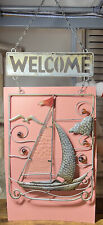 Authentic Vintage Metal + Glass WELCOME Sign Boat Sailing Ship Sailor Nautical