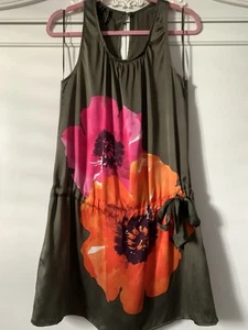 MANGO Suit 100% Silk Khaki/Multi Flower Print Sleeveless Dress UK8 Once! VGC - Picture 1 of 16