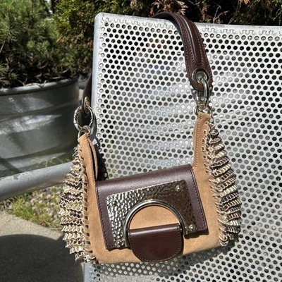 Diane Von Furstenberg Shoulder Bag Purse Brown Nubuck Leather Metallic Woven Fal - Image 1 of 4