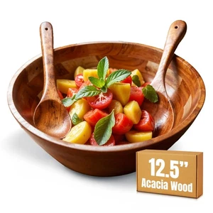 Acacia Wood Large Salad Mixing Bowl Set with 2 Utensils, Fruit Bowl (12.5 In) - Picture 1 of 5