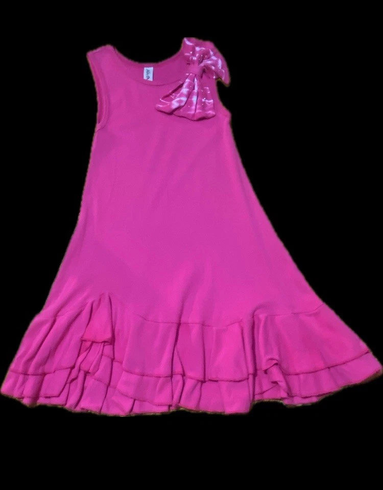 VESTIDO MIGNONE TALLA 5 NIÑAS FUCSIA ALGODÓN SUAVE ~ LAZO GRANDE COLORIDO Y PARTE INFERIOR CON VOLANTES Foto 1 de 4