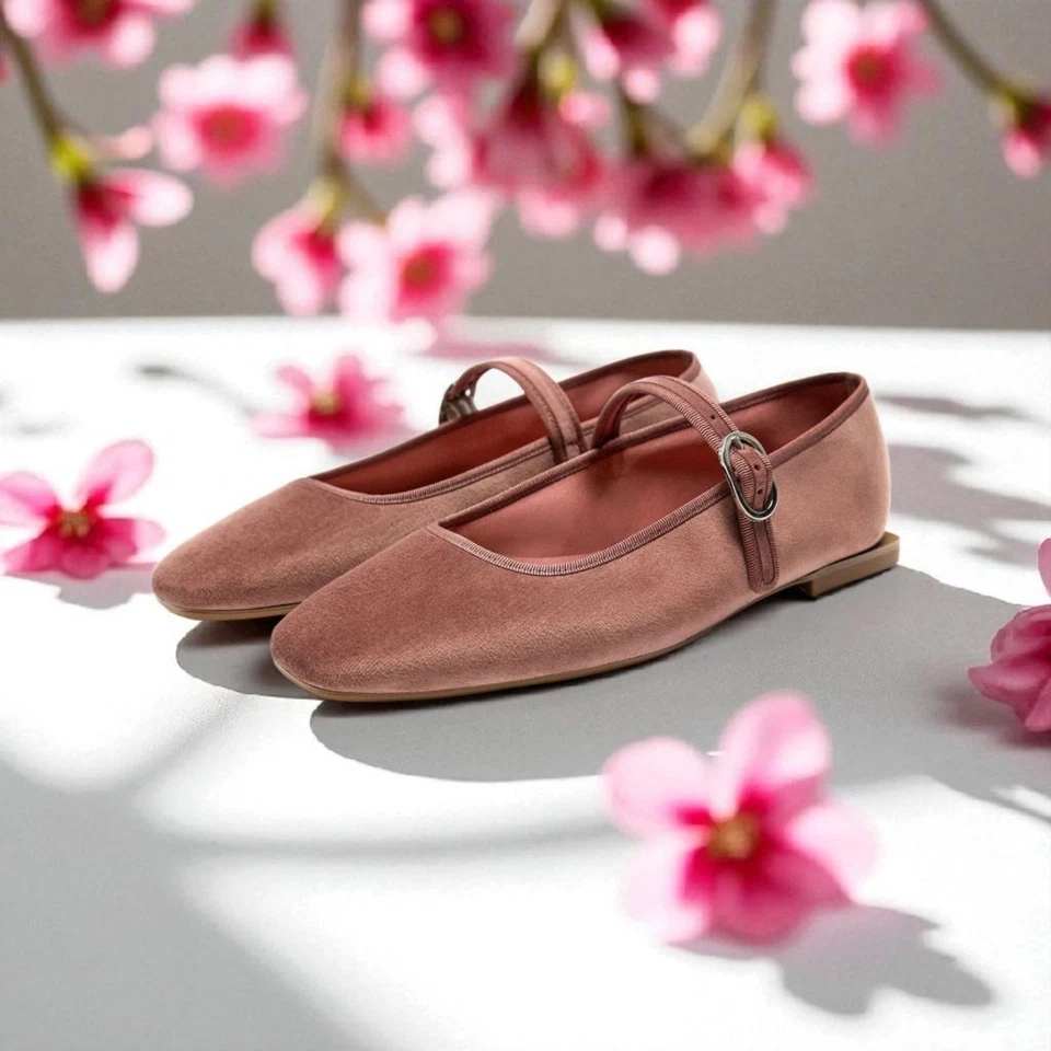 Zapatos Zara Para Mujer Talla 37 Rubor Rosa Terciopelo Mary Jane Planos Puntera Cuadrada Ballet Foto 1 de 4