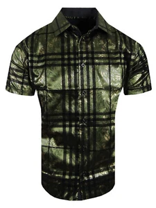 Velvet Italian Plaid Stripe Short Sleeve Mens Shirt Shiny Floral Stretch Button - Picture 1 of 17