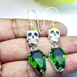 Skull Coffin Drop Earring Green Peridot Gemstone 925 Sterling Silver Earring. - Picture 1 of 6