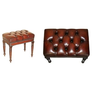 RESTORED CHESTERFIELD PIANO BENCH DRESSING TABLE HAND DYED BROWN LEATHER STOOL - Picture 1 of 16