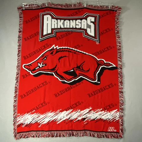 Vintage University Of Arkansas Razorbacks Fringed Throw Blanket Red USA Made Cover
