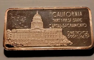 1975 HAMILTON MINT CALIFORNIA 31st STATE - 1oz .999 SILVER ART BAR #11797 - Picture 1 of 5