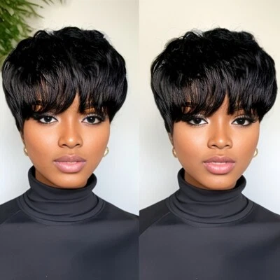 Peluca de cabello 100 % humano para mujeres negras pelucas cortas corte pixie sin pegamento sin encaje Foto 1 de 4