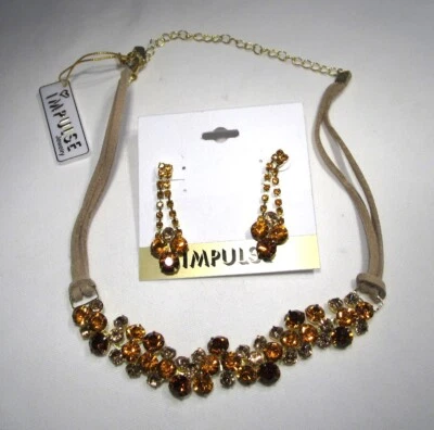 IMPULSE Gamuza Cadena Estrás Babero Collar y Pendientes Conjunto Champagne Ámbar C3712 Foto 1 de 4